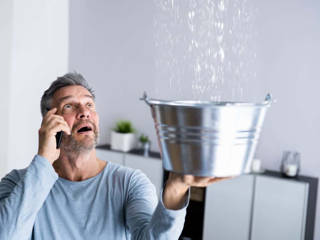 A homeowner on the phone to an emergency plumber, whilst holding a bucket to contain a leak coming from their ceiling.